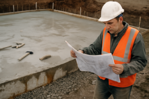 Béton de propreté coulé sur chantier pour préparation des fondations et réalisation de la dalle