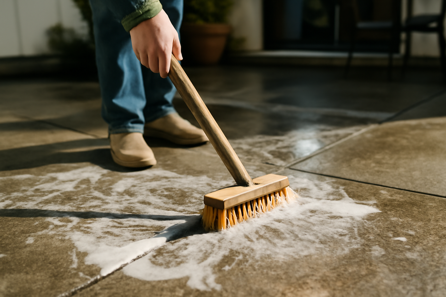 Nettoyage terrasse en béton — méthode karcher, savon noir et brosse pour éliminer la mousse et les traces