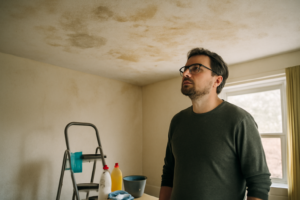 Comment nettoyer un plafond peint : personne utilisant une perche télescopique et une éponge pour enlever taches et poussière