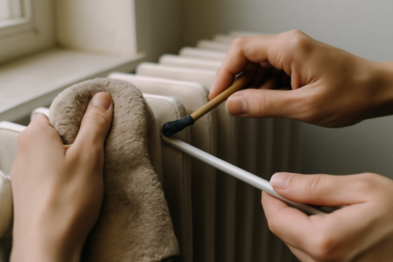 Décrassage d'un radiateur avec brosse et chiffon — astuces d'entretien régulier pour performance et économies d'énergie