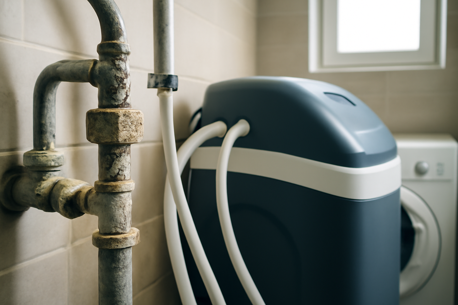 Gros plan sur l'intérieur d'un adoucisseur d'eau montrant les billes échangeuses d'ions éliminant le calcaire