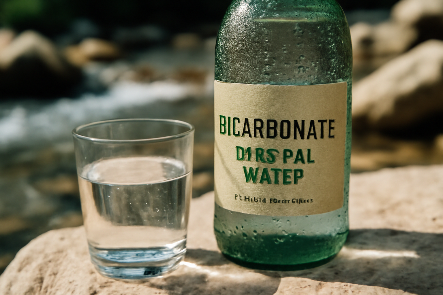 Verre d'eau riche en bicarbonate versé depuis une bouteille d'eau minérale, bénéfices digestifs et reminéralisants
