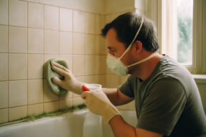 Enlever moisissure salle de bain : nettoyage des joints et carrelage au vinaigre blanc et brosse pour éliminer taches