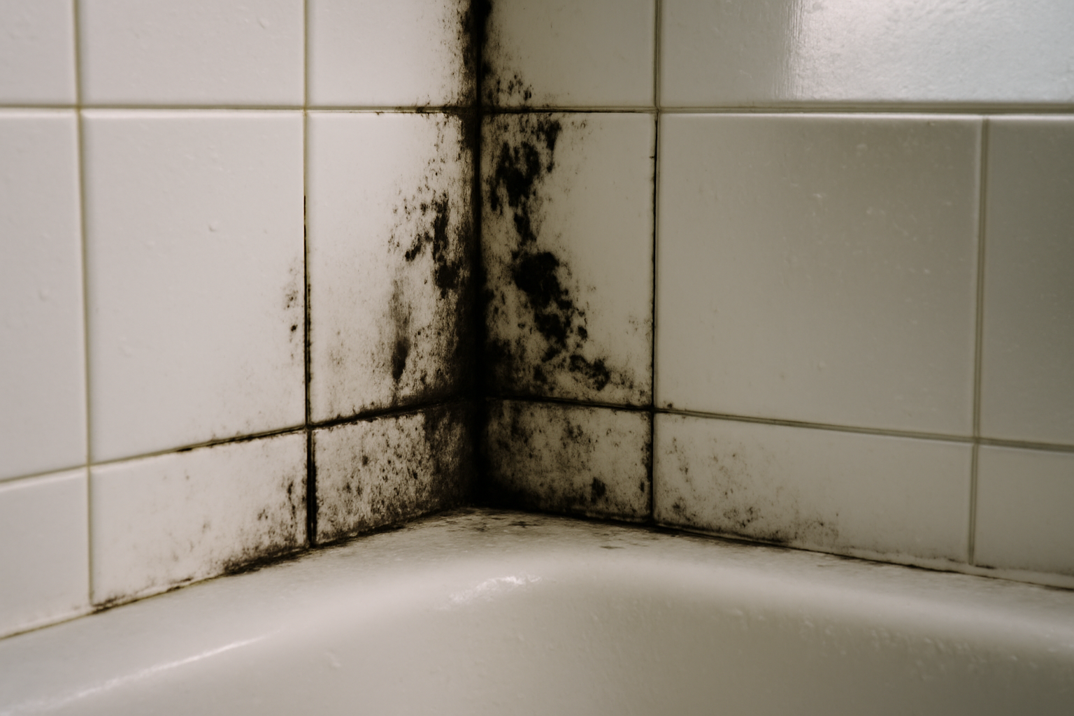 Main appliquant un spray anti-moisissure sur les joints de la douche en carrelage pour éliminer la moisissure et prévenir sa réapparition