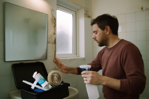 Gros plan de moisissure noire sur les joints de carrelage dans la douche, symptôme d'humidité — nettoyage et prévention