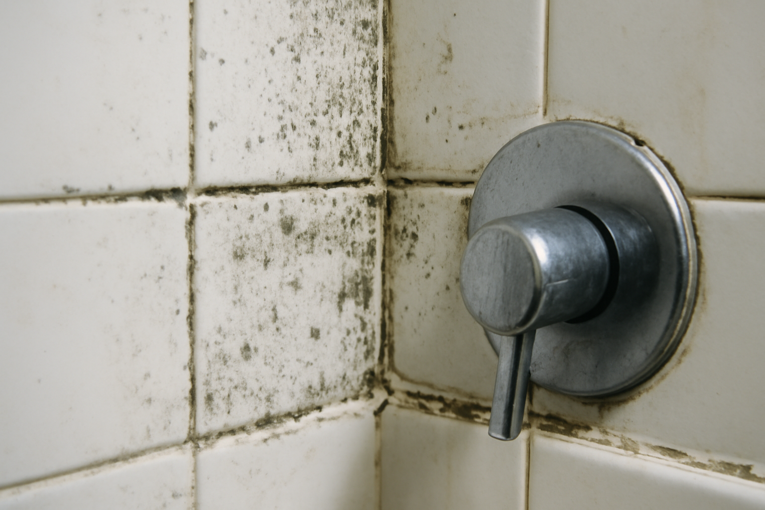 Moisissure dans la douche au bas du rideau et sur le receveur, accumulation due à la condensation