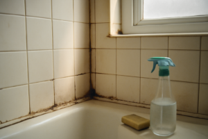 Moisissure douche : taches noires sur joints de carrelage et silicone, humidité visible