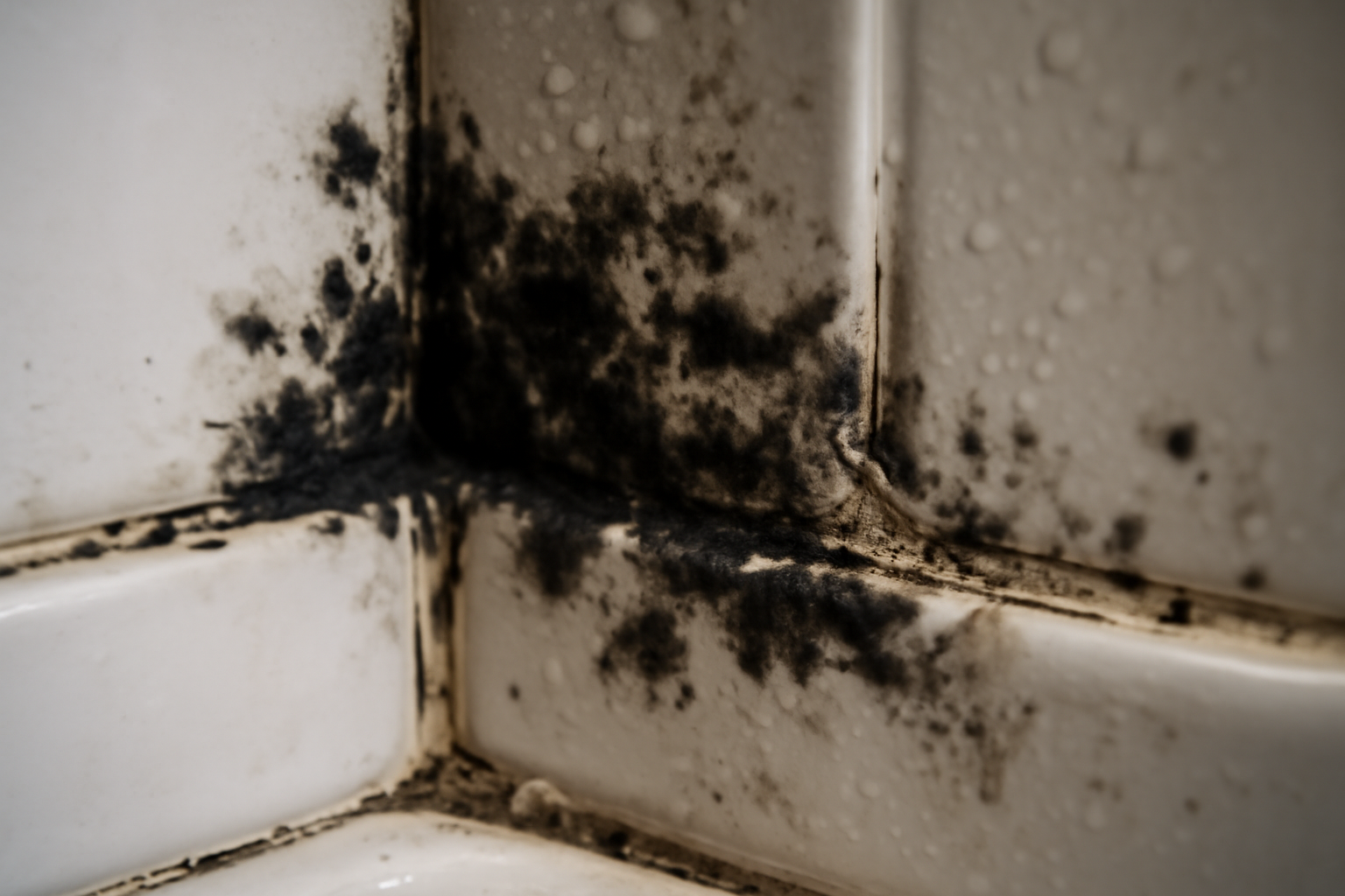 Gros plan de moisissure sur joints et carrelage de salle de bain, danger respiratoire et présence possible de toxines