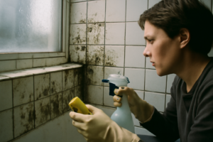 Moisissure noire sur mur de salle de bain — danger pour la santé, risque d'allergies