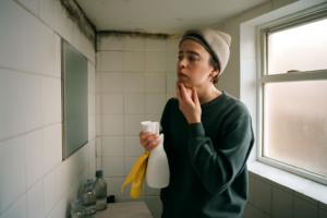 Moisissure noire sur carrelage de salle de bain — danger pour la santé respiratoire et risque d'allergies