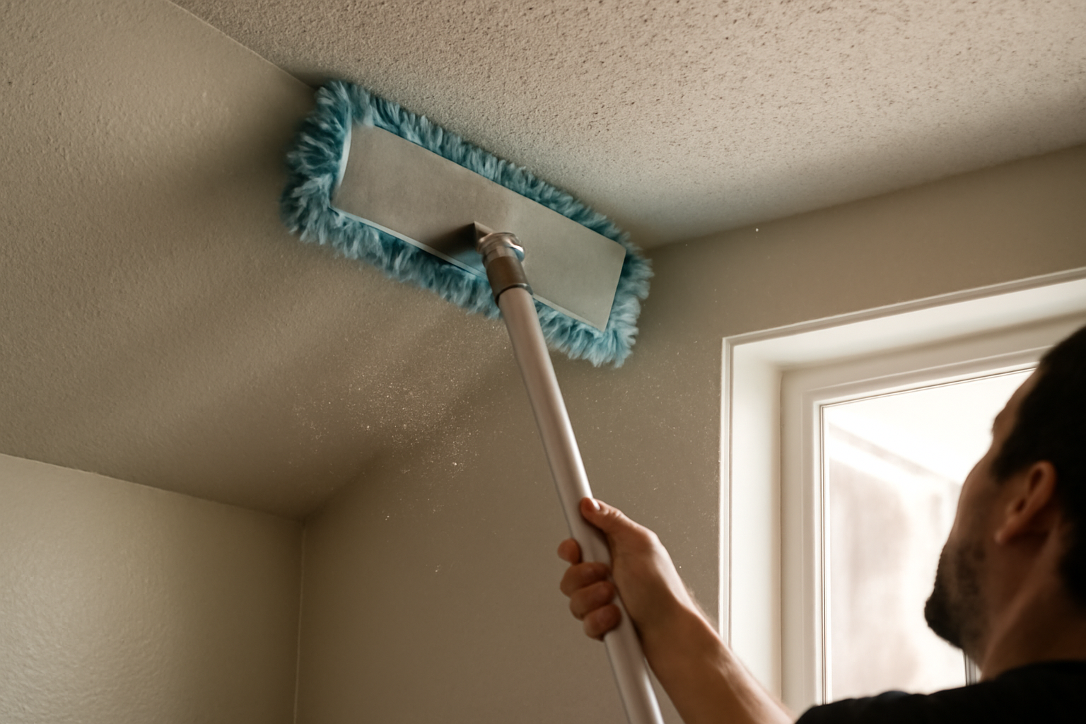 Technicien réalisant un nettoyage en profondeur de plafond en plâtre/placo pour rénovation et protection