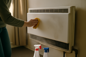Nettoyage radiateur professionnel : technicien nettoie un radiateur pour améliorer performance et économies d'énergie