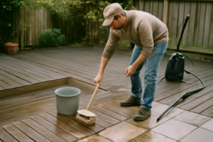 Nettoyage professionnel de terrasse en pierre par haute pression — élimine mousse, algues et taches pour un rendu propre et durable