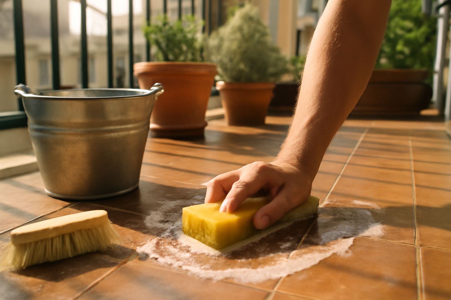 Astuce pour nettoyer balcon : utilisation d'un nettoyeur haute pression sur le dallage et entretien des jardinières pour évacuation des saletés