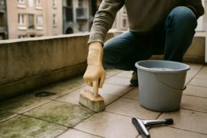 Nettoyage de balcon : personne frottant un balcon carrelé avec un balai‑brosse et un seau, suppression de mousses et taches pour un balcon propre