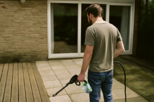 Nettoyer la terrasse en bois : personne utilisant un balai et un produit écologique pour éliminer mousse, taches et saleté