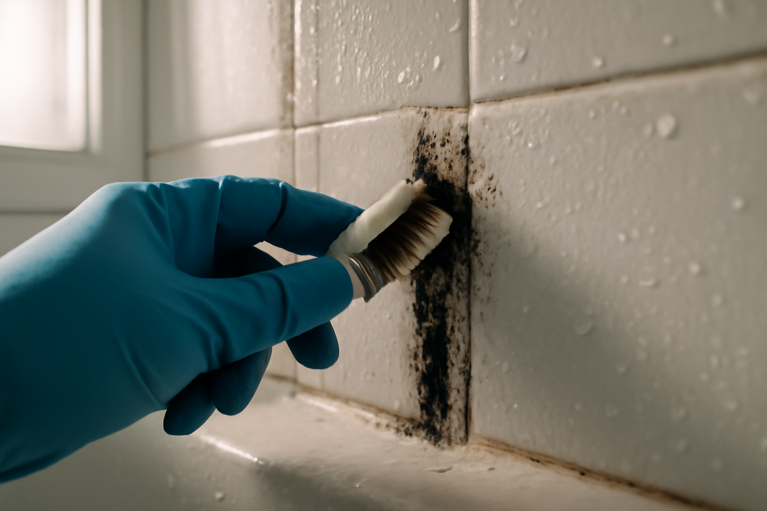 Gros plan mains frottant le carrelage de la douche pour enlever la moisissure — astuces pour nettoyer la salle de bain