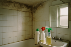 Femme nettoyant la moisissure sur les joints de la salle de bain avec vinaigre blanc et brosse — guide pour nettoyer moisissure salle de bain efficacement