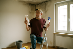 Nettoyer plafond blanc avec éponge et produit anti-moisissure - enlever taches et traces d'humidité