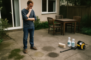 Nettoyage professionnel de terrasse en béton - lavage haute pression pour enlever taches, mousses et saletés