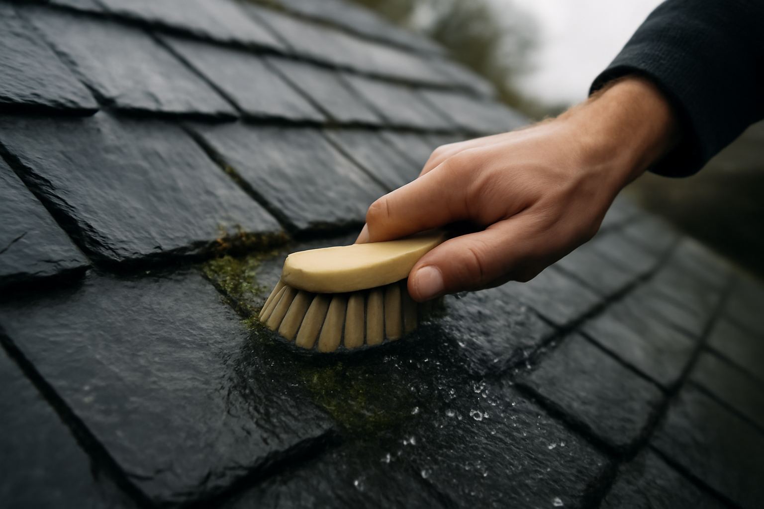 Gros plan sur ardoises débarrassées de mousse après traitement — conseils pratiques pour nettoyer toiture ardoise soi‑même