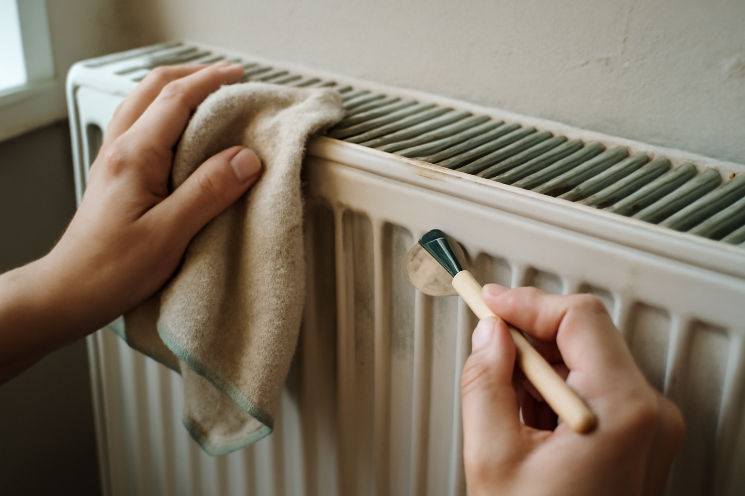 Gros plan sur une brosse et un produit détartrant utilisés pour entretenir un radiateur et réduire la consommation d'énergie