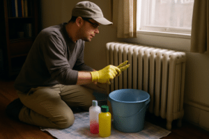 Personne nettoyant un radiateur avec brosse et chiffon pour enlever poussière et calcaire et optimiser l'efficacité énergétique