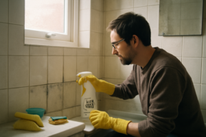 Spray anti-moisissure pour salle de bain posé sur carrelage — élimine moisissures et protège les joints