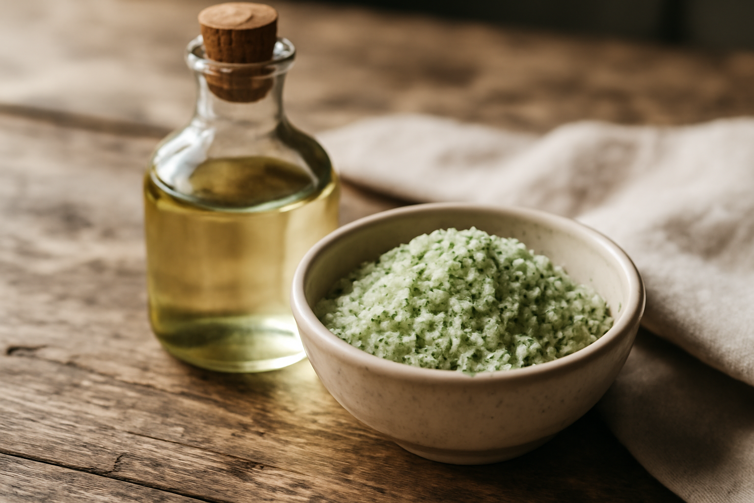 Bocal de sel d'oseille à côté d'une bouteille de vinaigre blanc — astuce maison pour assaisonner et conserver