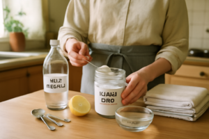 Sel d'oseille et vinaigre blanc en pots sur plan de travail, ingrédients pour recette et conservation naturelle