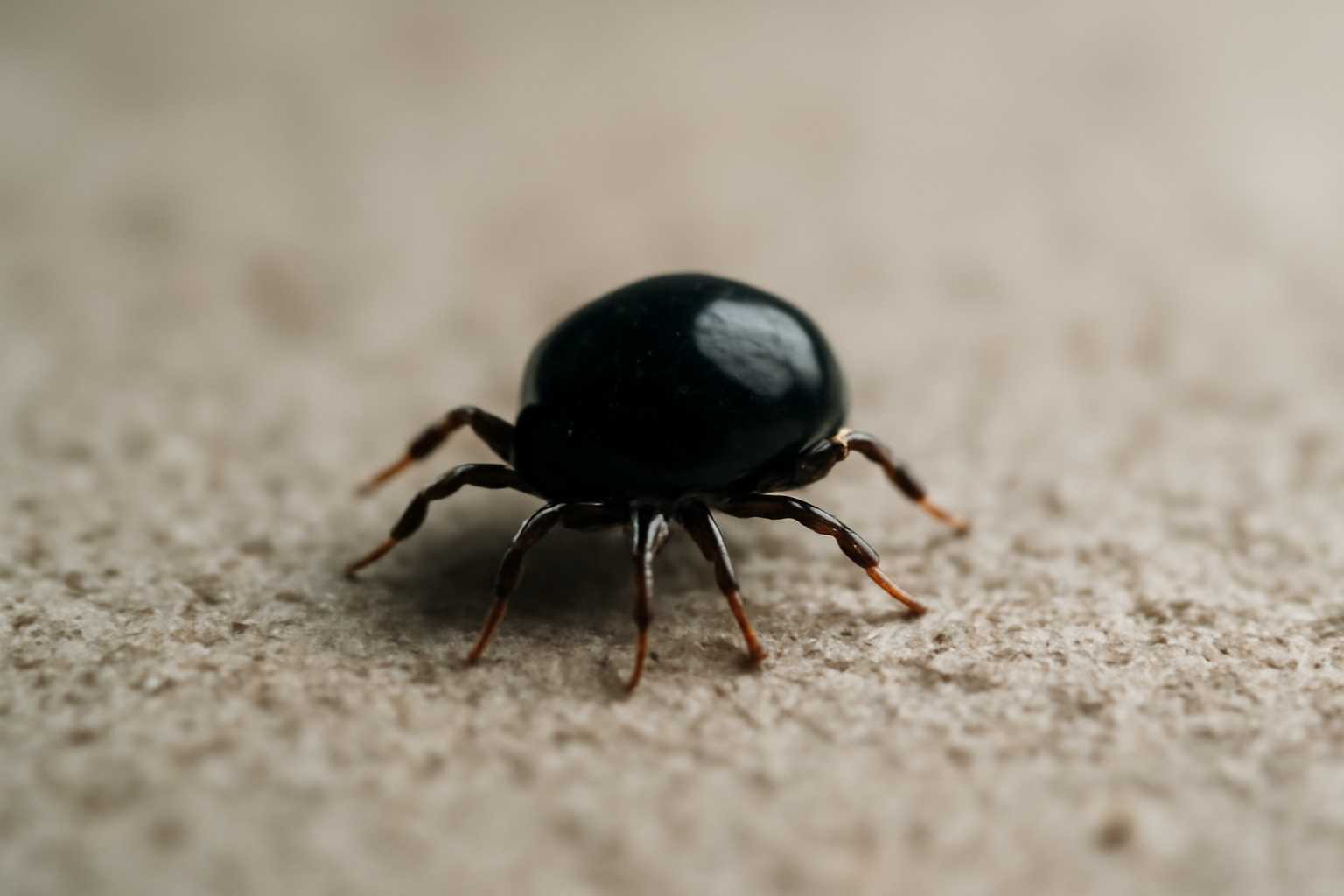 Gros plan d'un acarien noir au microscope sur surface de matelas — signe d'infestation domestique et cause potentielle d'allergies