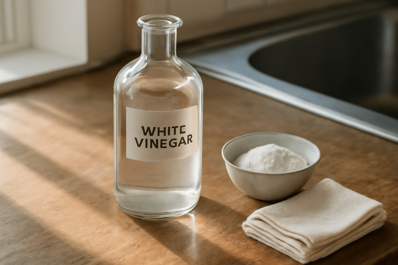 Astuce nettoyage au vinaigre blanc : vaporiser sur robinetterie et carrelage pour éliminer calcaire et traces de graisse