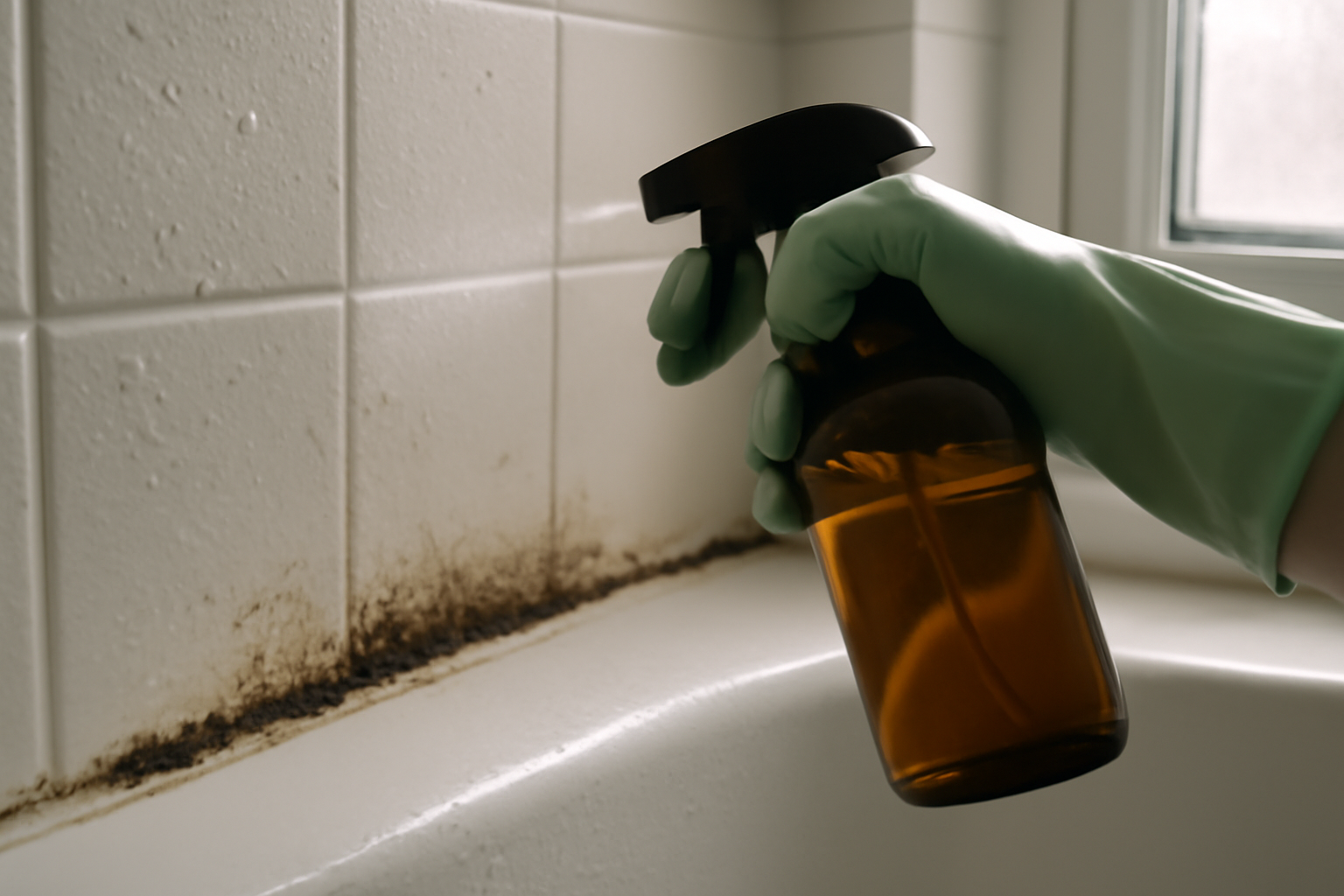 Nettoyage des joints de la douche pour éliminer la moisissure — vinaigre, bicarbonate et brosse