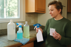 Désinfecter un plan de travail de cuisine avec spray et chiffon pour éliminer bactéries, virus et préserver la sécurité alimentaire