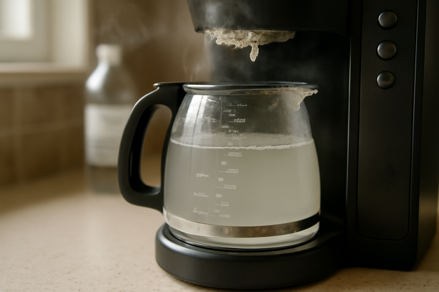 Étapes pour détartrer une cafetière : versement de solution détartrante dans le réservoir puis rinçage complet de la machine