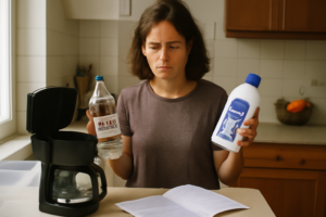 Détartrer une cafetière — machine ouverte montrant dépôts de calcaire et solution détartrante, guide d'entretien anti-calcaire