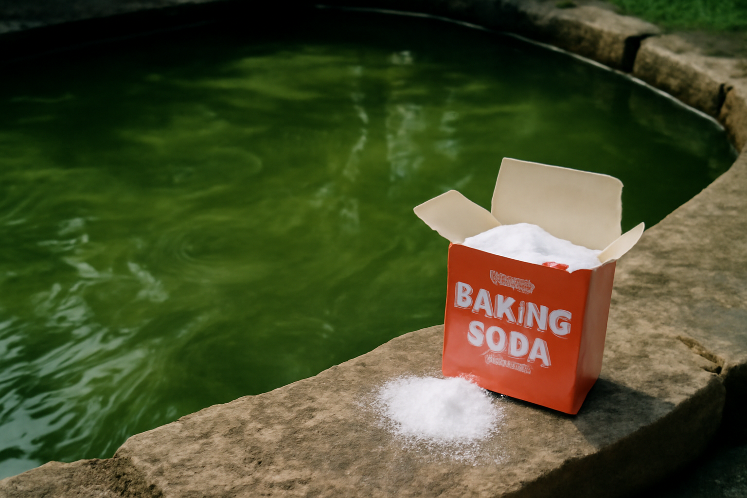 Bassin avec poissons et eau verte : traitement naturel au bicarbonate de soude pour clarifier l’eau