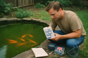 Eau verte d’un bassin à poissons traitée au bicarbonate de soude pour rééquilibrer le pH et clarifier l’eau