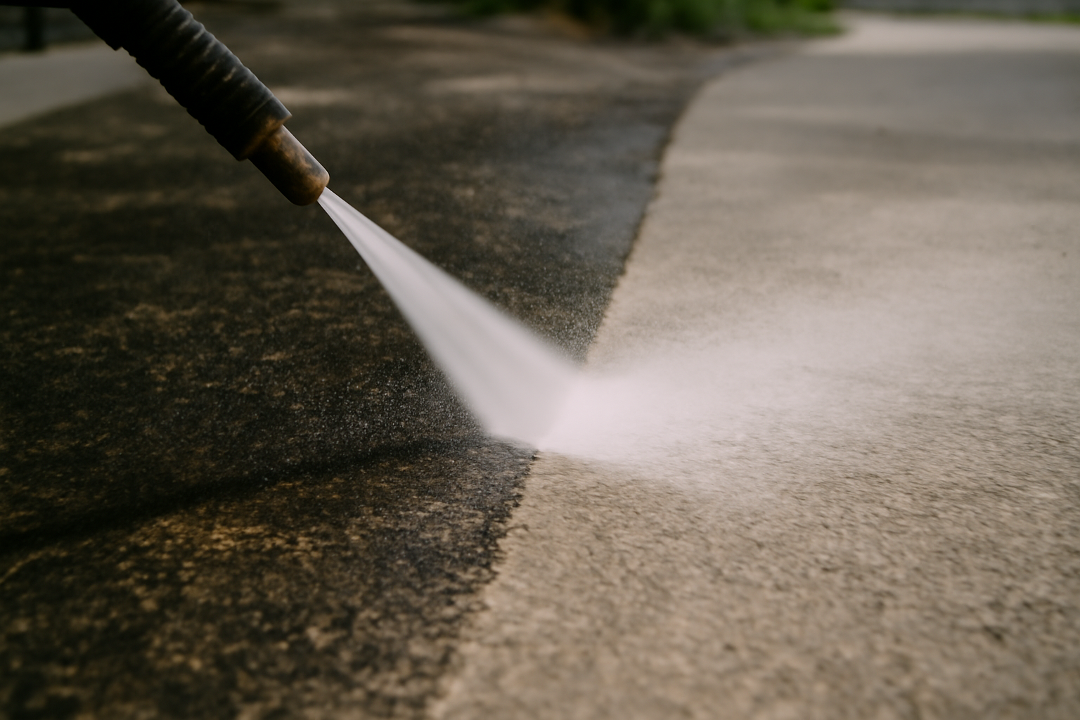 Avant-après du nettoyage du béton d'une allée : surface propre, débarrassée de mousse, huile et taches tenaces