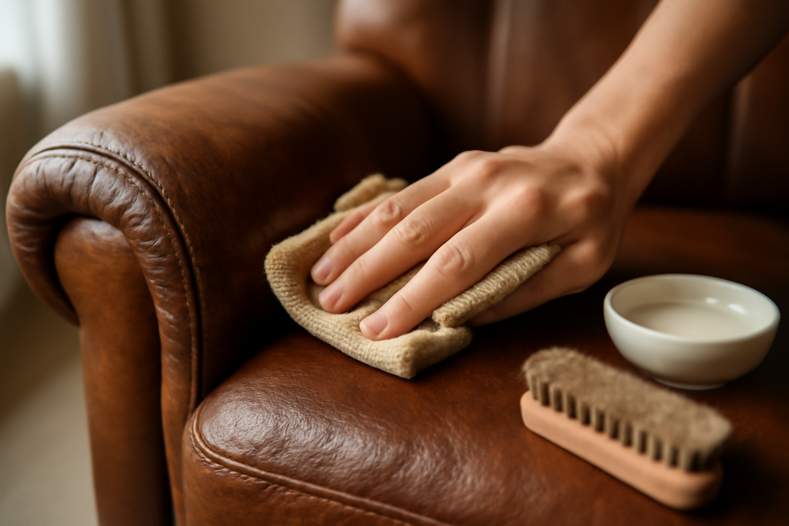 Enlever taches cuir : nettoyage d'un sac en cuir marron avec solution douce et brosse souple