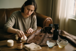 Nettoyer cuir : personne traitant un canapé en cuir beige avec chiffon microfibre et produit spécial