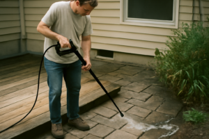 Nettoyage de terrasse à haute pression — service professionnel pour enlever saleté, mousse et taches