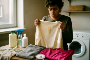 Personne nettoyant un canapé en tissu gris avec une brosse et une solution détachante — nettoyage en profondeur et conseils d'entretien