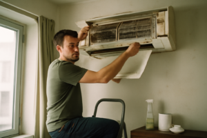 Nettoyer un climatiseur split : technicien démonte et nettoie les filtres pour une climatisation plus performante