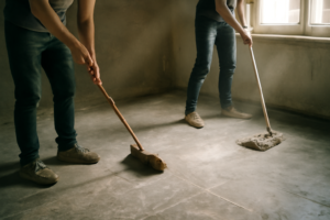 Nettoyage professionnel d'un sol après travaux — élimination de poussière, débris et traces de ciment