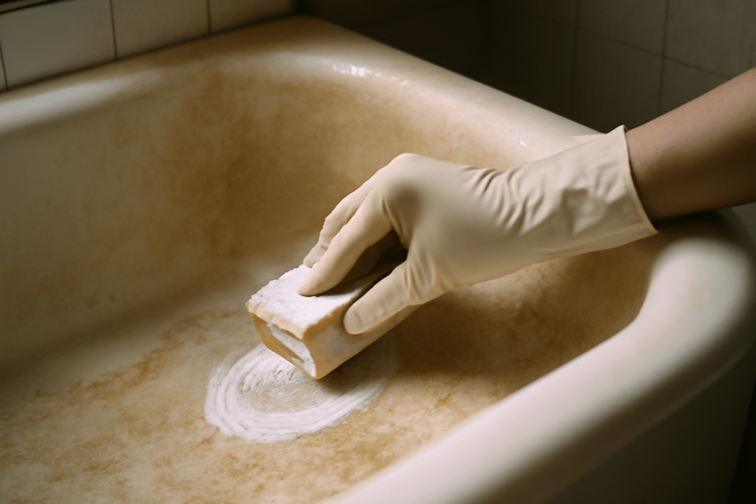 Frottage d'une baignoire jaunie avec bicarbonate de soude pour éliminer les taches jaunes et rénover la surface
