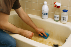 Baignoire jaunie avant/après — nettoyer une baignoire jaunie avec bicarbonate et vinaigre pour un résultat éclatant