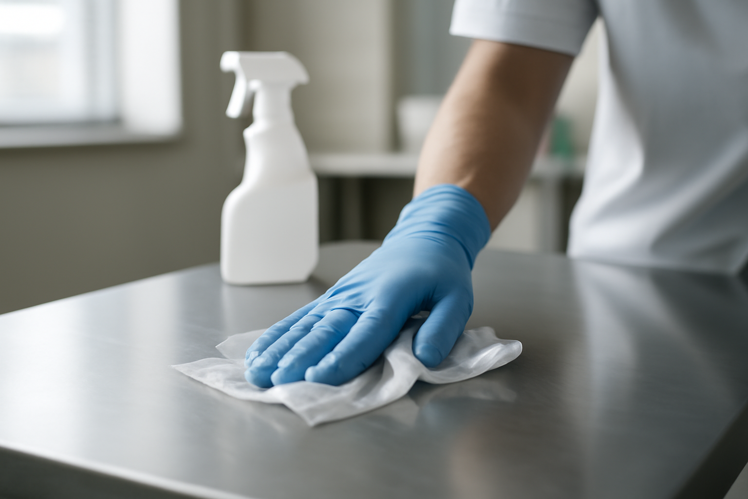Étapes du protocole de désinfection des surfaces : nettoyage, désinfection, temps de contact et séchage avec chiffon microfibre