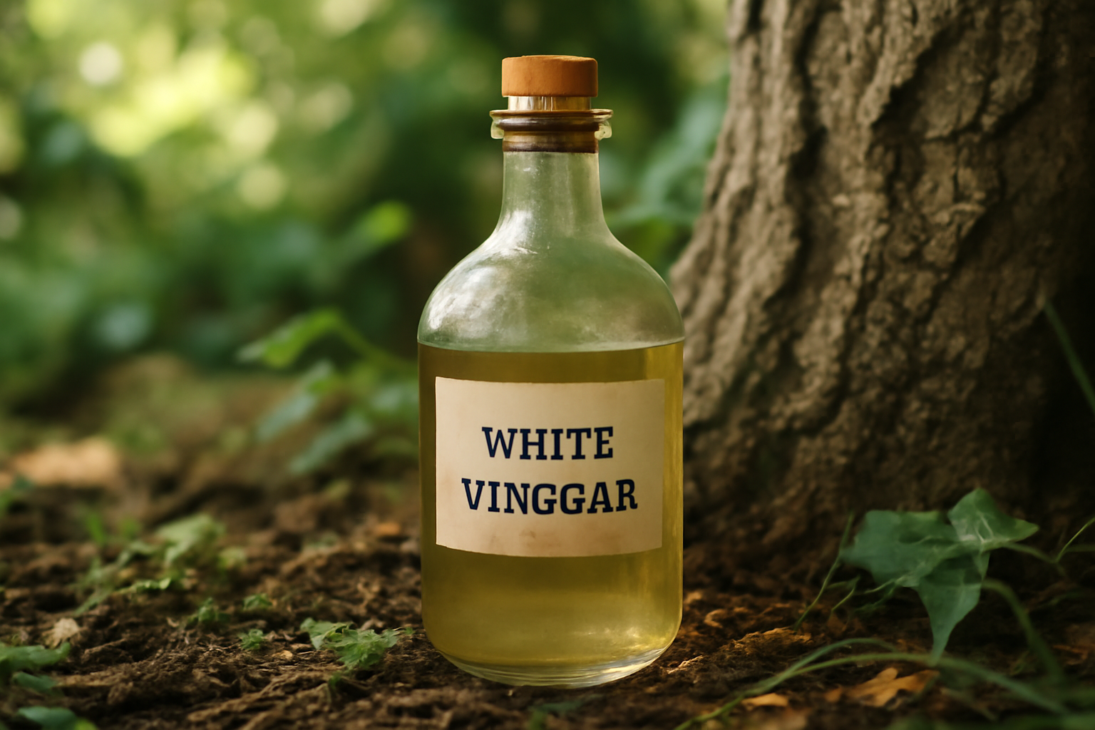 Flacon de vinaigre blanc concentré devant un arbre en pot – désherbant et nettoyant écologique pour jardin et intérieur